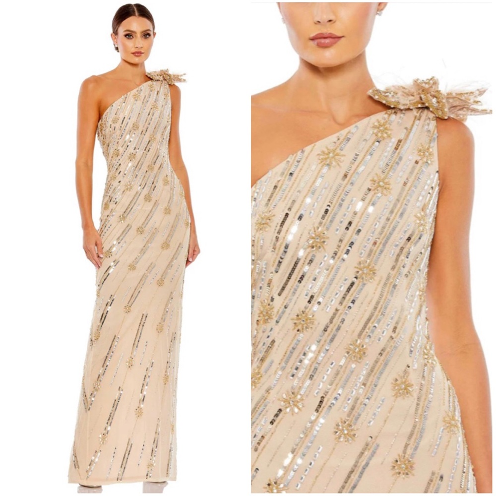 MAC DUGGAL Embellished Floral Detail One Shoulder Gown NEW Nude Gold Size 6